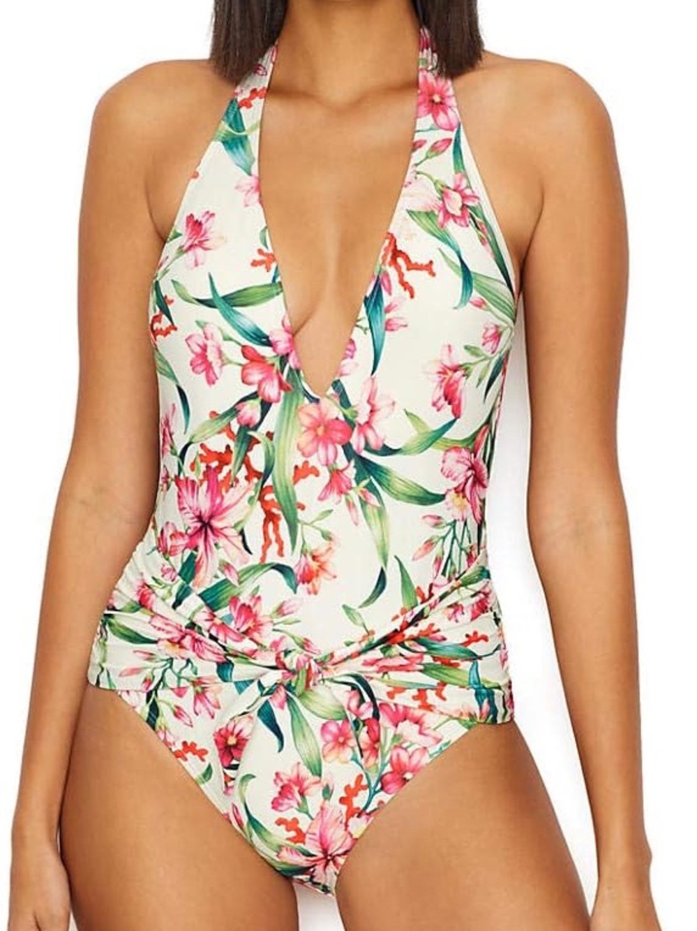 Carmen Marc Valvo V-Neck Halter One Piece Swimsuit Garden Party small